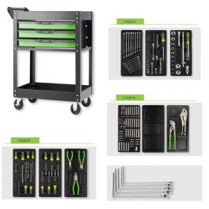 Tool trolley FG101 with 3 drawers with assortment of 123 tools in rigid modules