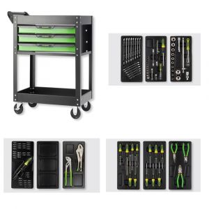 Tool trolley FG101 with 3 drawers with assortment of 106 tools in rigid modules